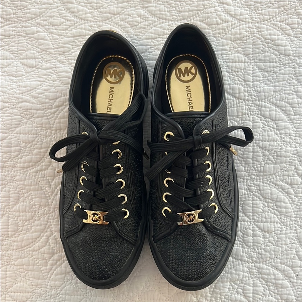 Michael Kors Black Lace-Up Sneakers with Gold Hardware